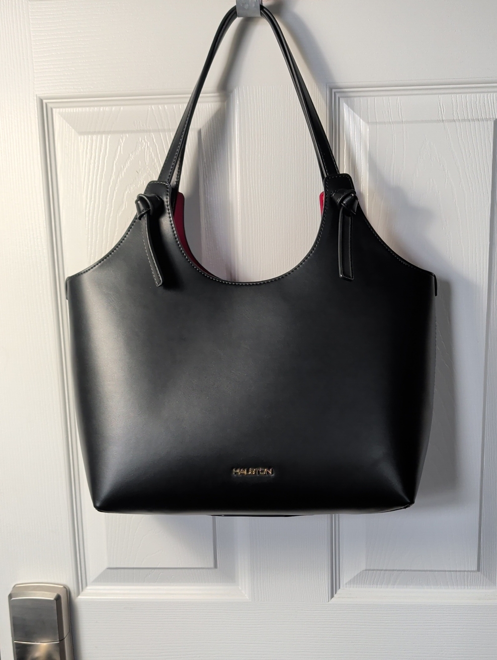 H by Halston Black Leather Shoulder Tote with Pink Interior